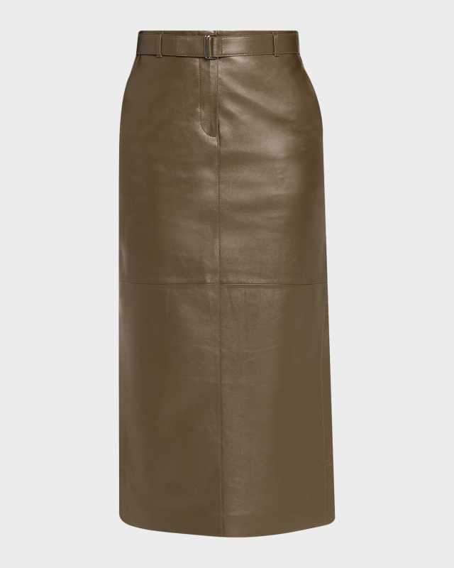 Belted Side-Slit Leather Midi Skirt